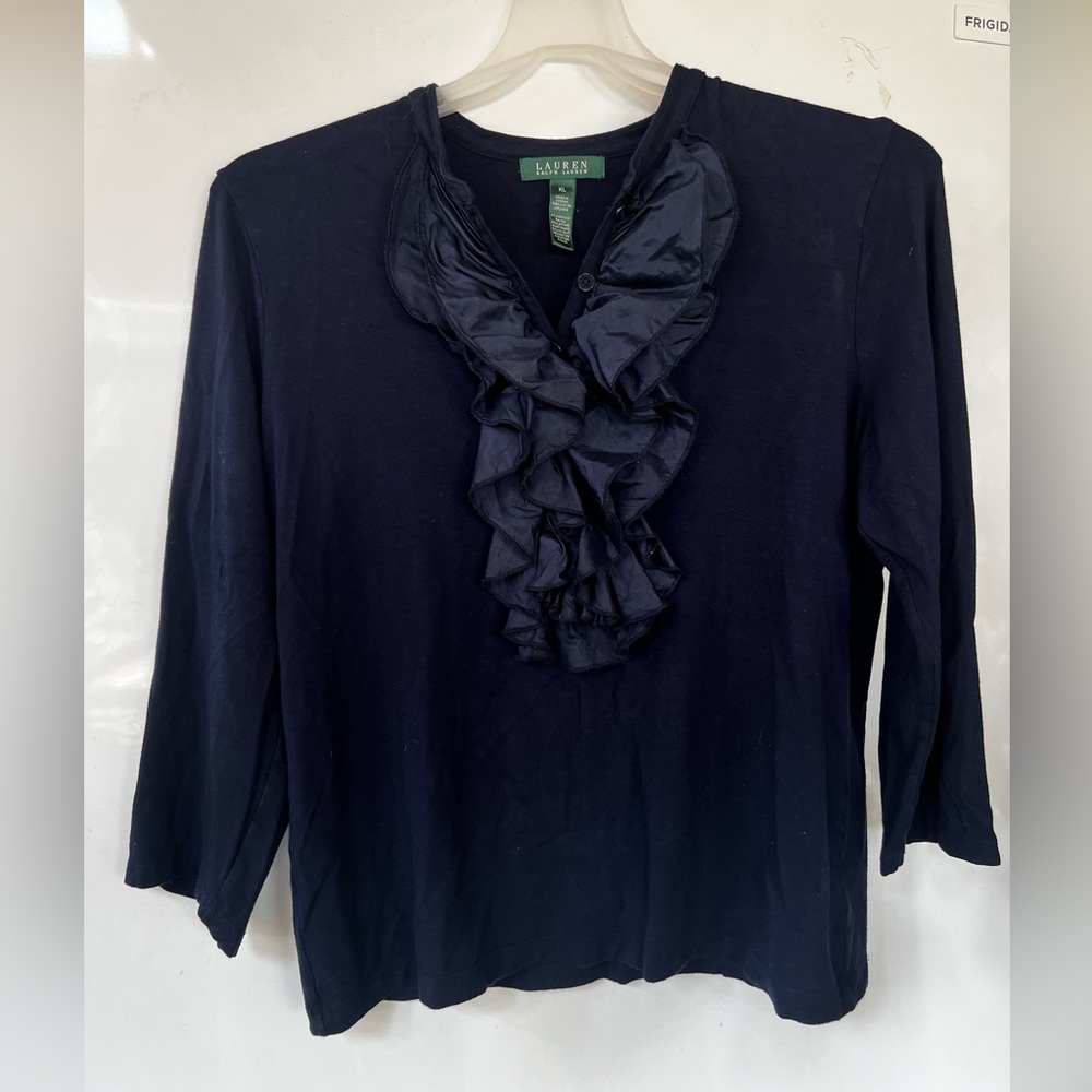 Navy 3/4 Sleeve Ruffle Blouse